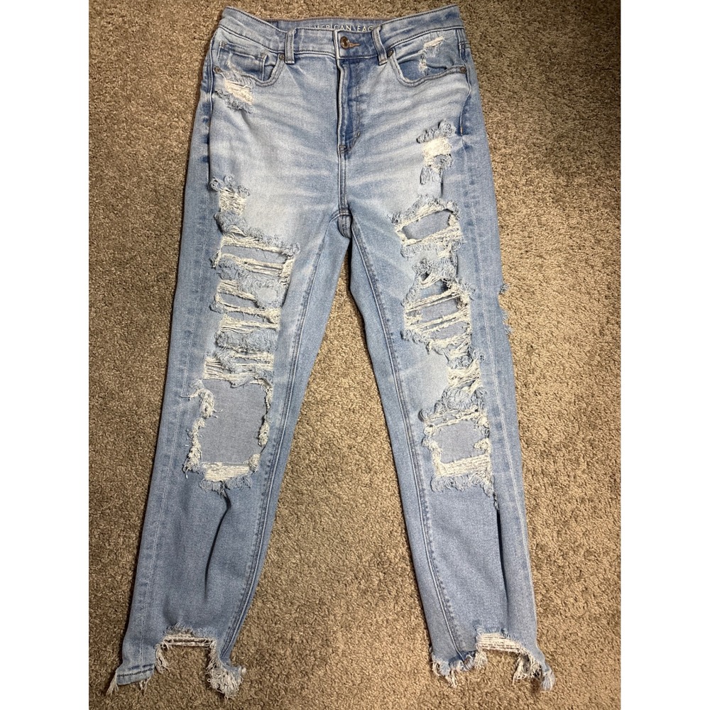 American Eagle Mom Jeans Light, Distressed High Waisted Ripped Denim Womens 6